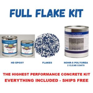 Nohr-S Polyurea Full Flake Kit contents - HD Epoxy, flakes, Nohr-S Polyurea with 2 clear coats - the highest performance concrete kit, everything included, ships free